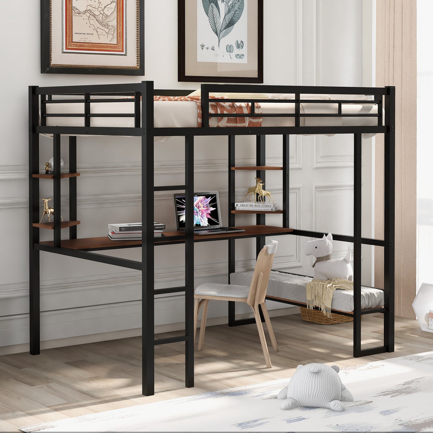 Full Size Loft Metal&MDF Bed with Long Desk and Shelves Black