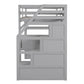 Twin Size Loft Bed with Desk and Shelves Two Built-in Drawers, Storage Staircase Gray