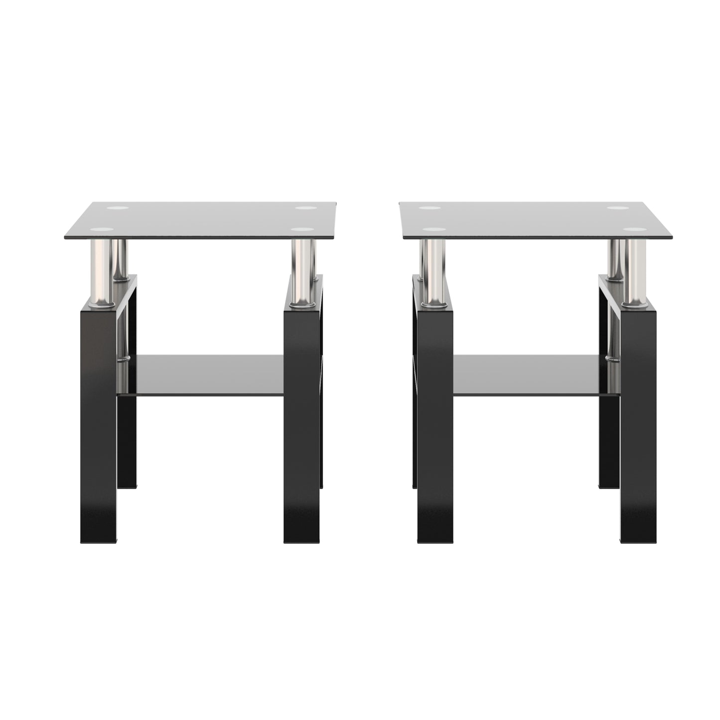 Set of 2 Modern Tempered Glass Tea Tables, Square Design for Living Rooms, Black Finish