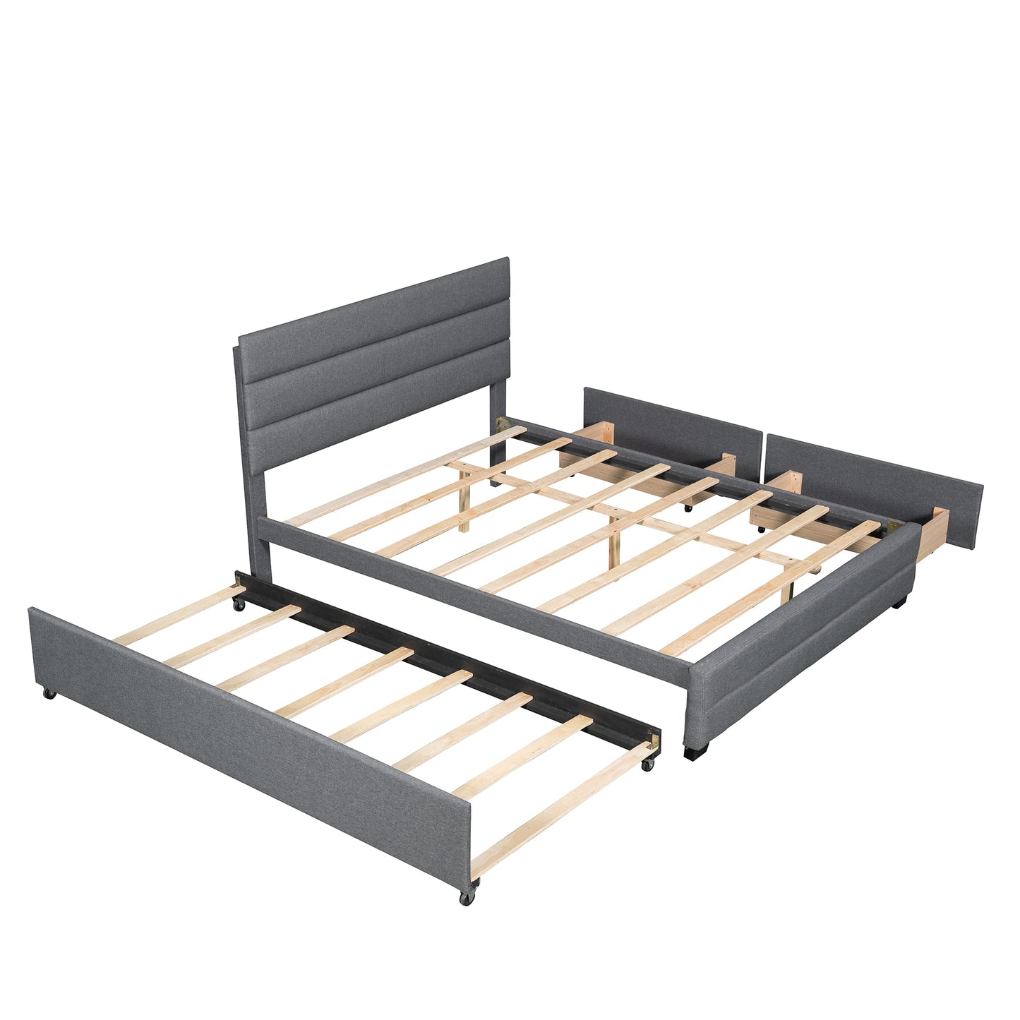 Queen Upholstered Platform Bed with Twin Size Trundle and Two Drawers Grey