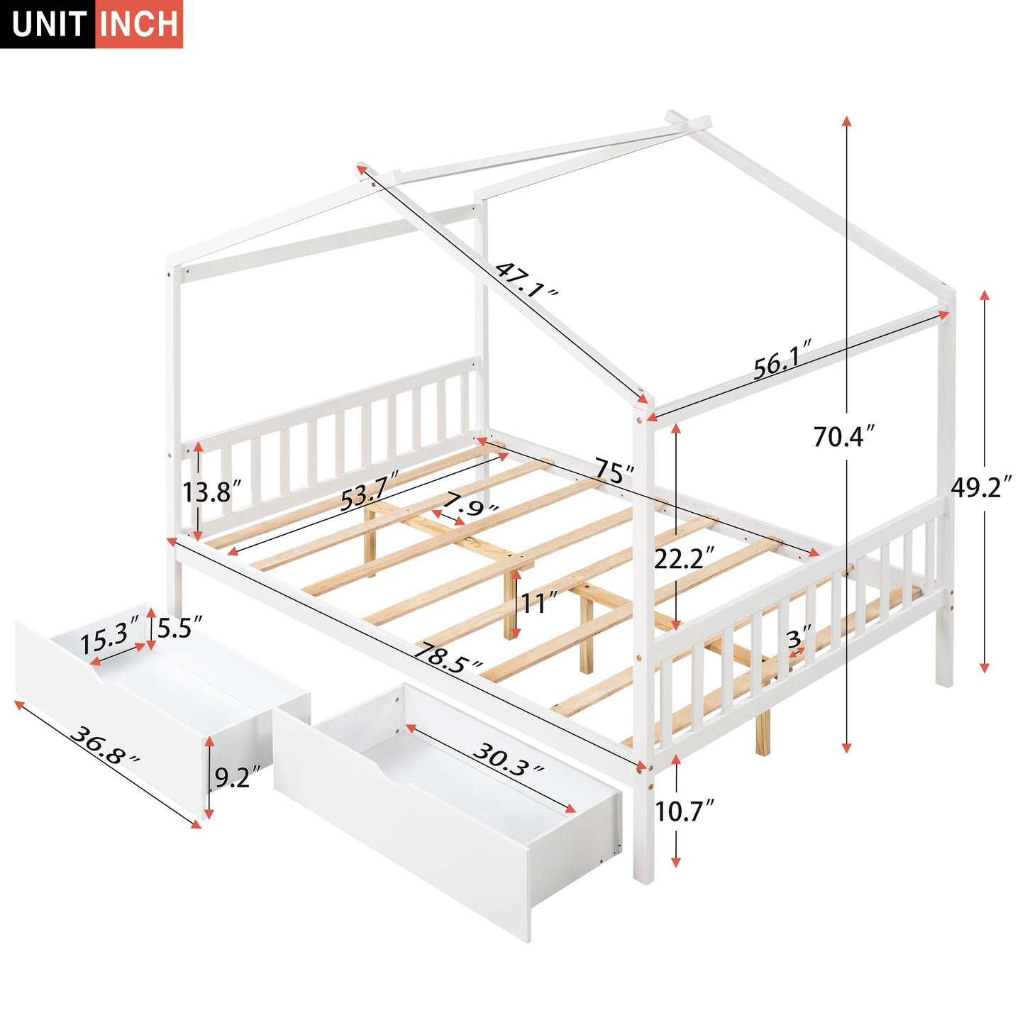 Full Size House Platform Bed with Two Drawers Headboard and Footboard,Roof Design White