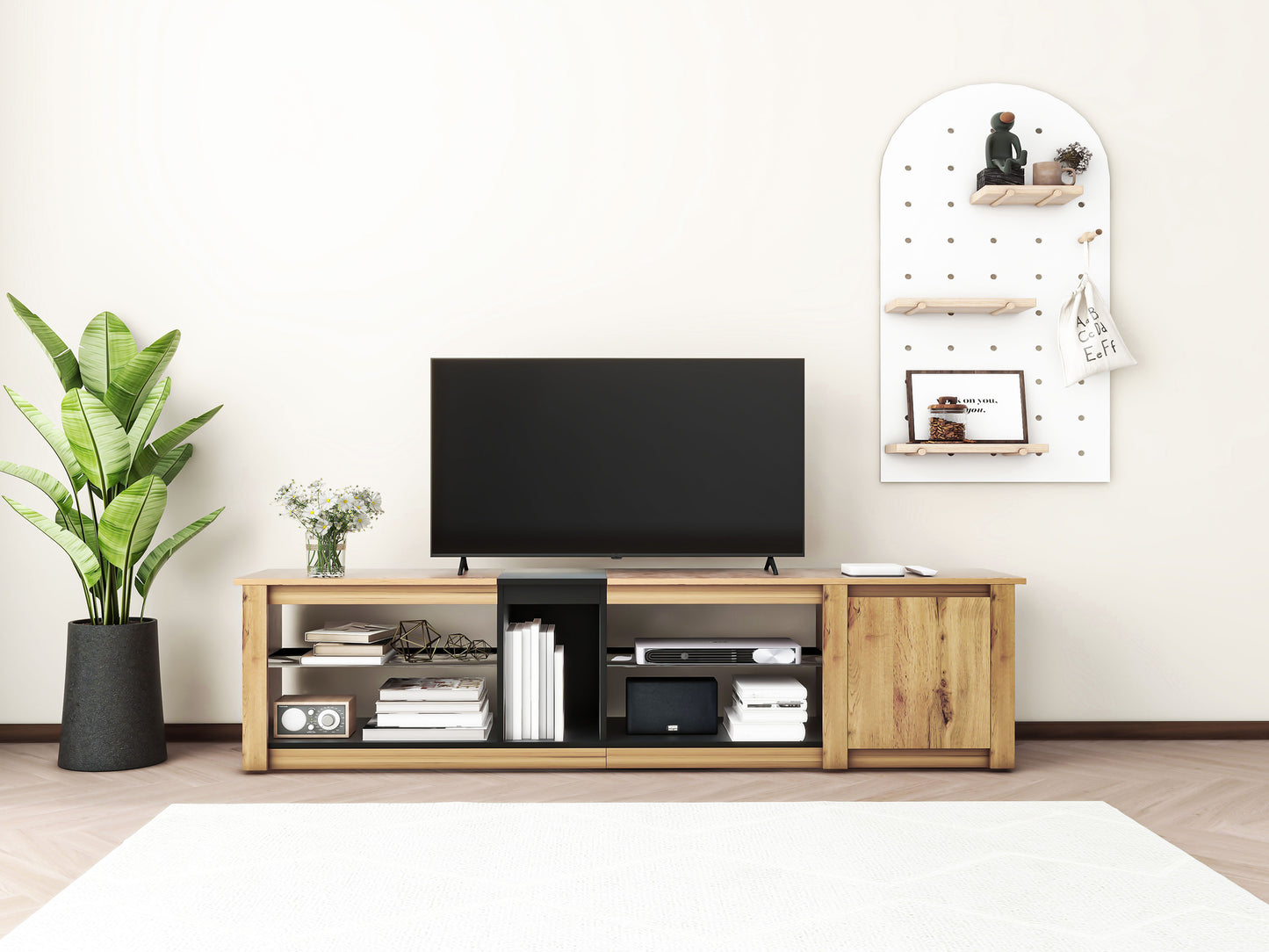 ModernTV stand suitable for TVs under 80 inches, media console with multifunctional storage, and LED lights