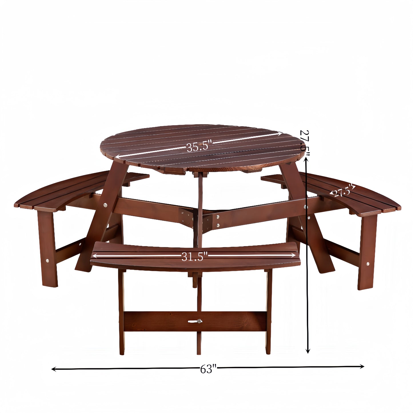 6-Person Circular Picnic Table with 3 Built-In Benches and Umbrella Hole, Brown Finish