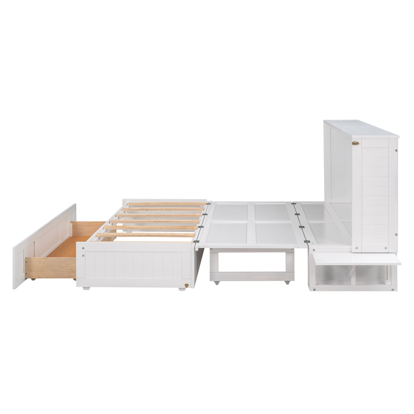 Queen Size Mobile Murphy Bed with Drawer and Little Shelves on Each Side White