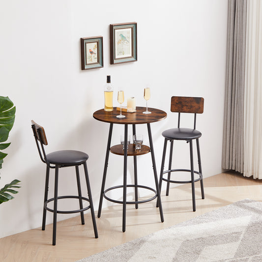 Round bar stool set with shelf upholstered stool with backrest Rustic Brown 23.62'' W x 23.62'' D x 35.43'' H