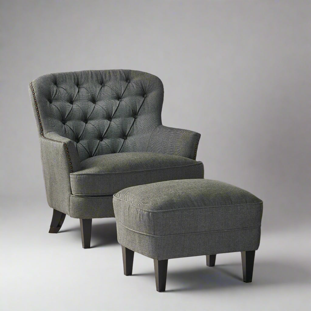 Sillón club moderno de tela gris y conjunto otomano, elegante sillón acolchado para salas de estar