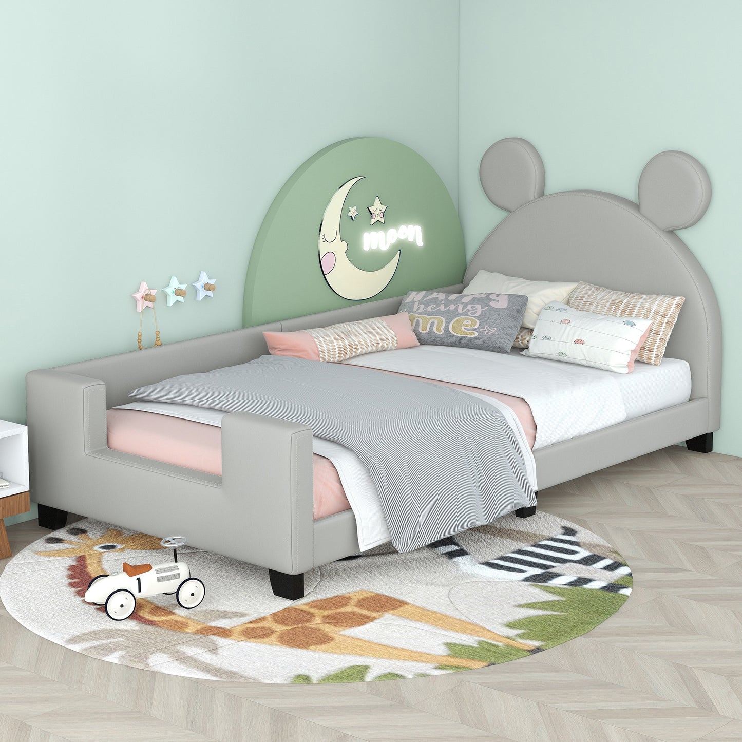 Twin Size Upholstered Daybed with Carton Ears Shaped Headboard  Grey