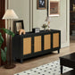 Handcrafted Premium Grain Rattan Sideboard Buffet Cabinet with 4 Rattan Doors, Black Finish