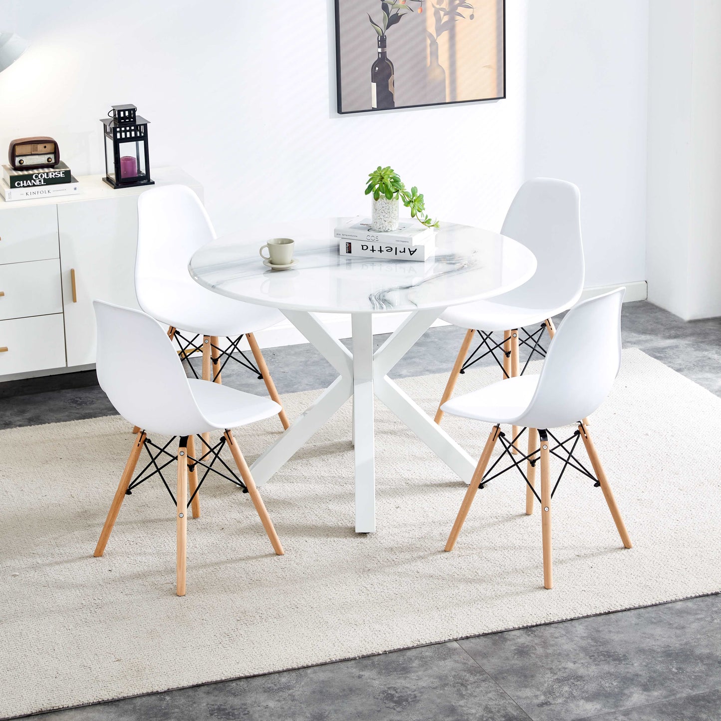 White dining table for 4-6 people medieval dining table with circular Mdf tabletop leisure coffee table