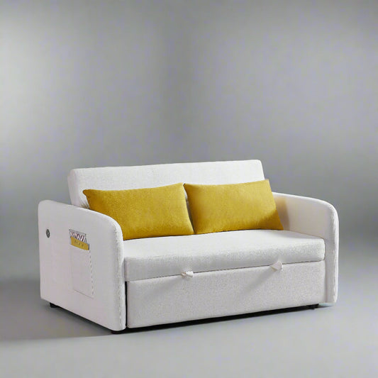 Sofá cama doble en tela color blanco crema, diseño convertible para sentarse y dormir cómodamente