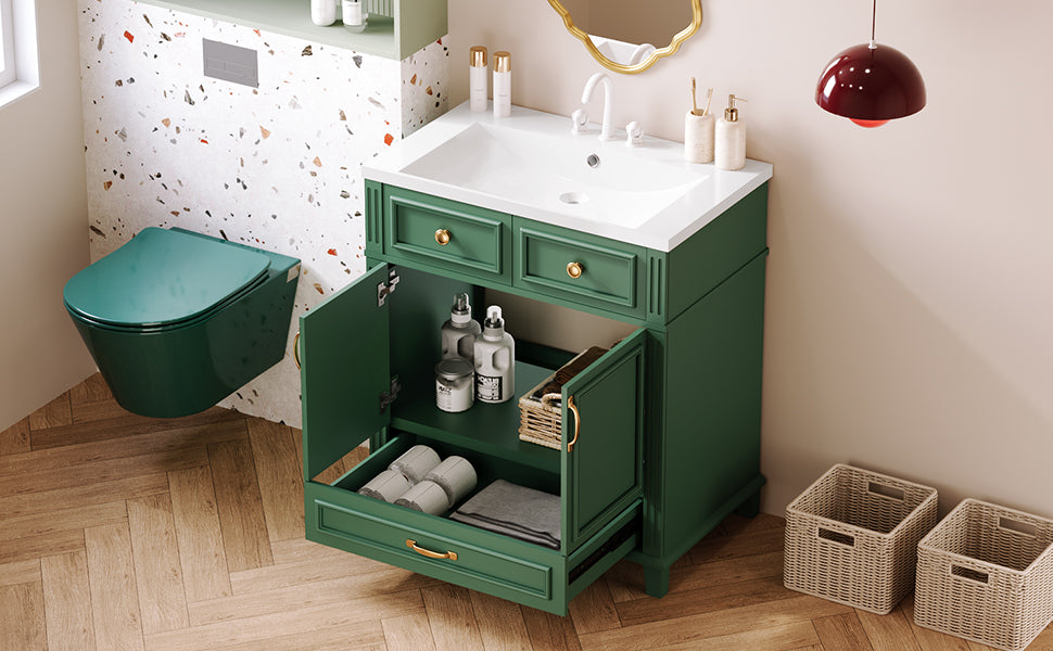 Mueble de baño descubierto de 30" con puerta de cierre suave, gabinete de almacenamiento con marco de madera maciza, acabado verde