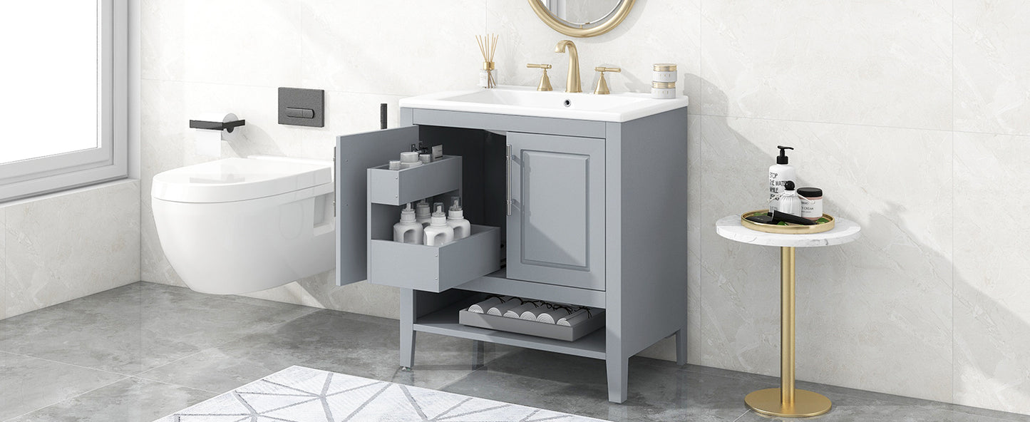 Bathroom Vanity with Sink, Multi-functional Bathroom Cabinet with Doors and Drawers, Solid Frame and MDF Board, Grey