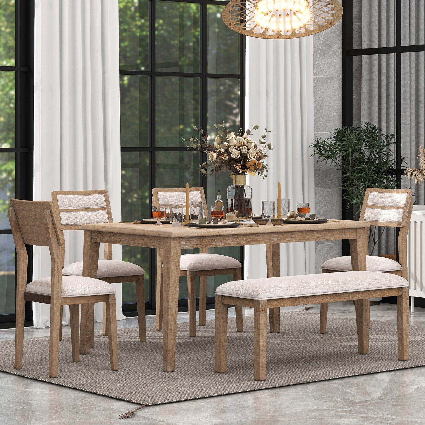 TREXM Classic 6-Piece Dining Set with Table, 4 Upholstered Chairs, and Bench, Natural Wood Wash