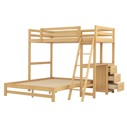 Twin over Full Bunk Bed with Built-In Desk and Three Drawers, Natural Finish