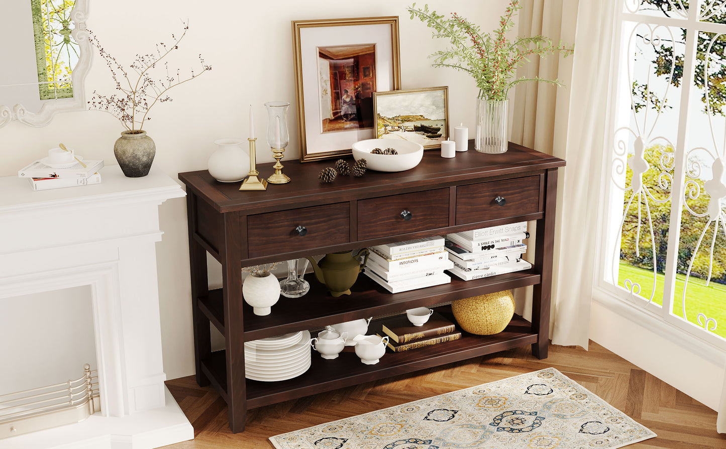 Retro Design Console Table with Two Open Shelves, Pine Solid Wood Frame and Legs for Living Room (Espresso)