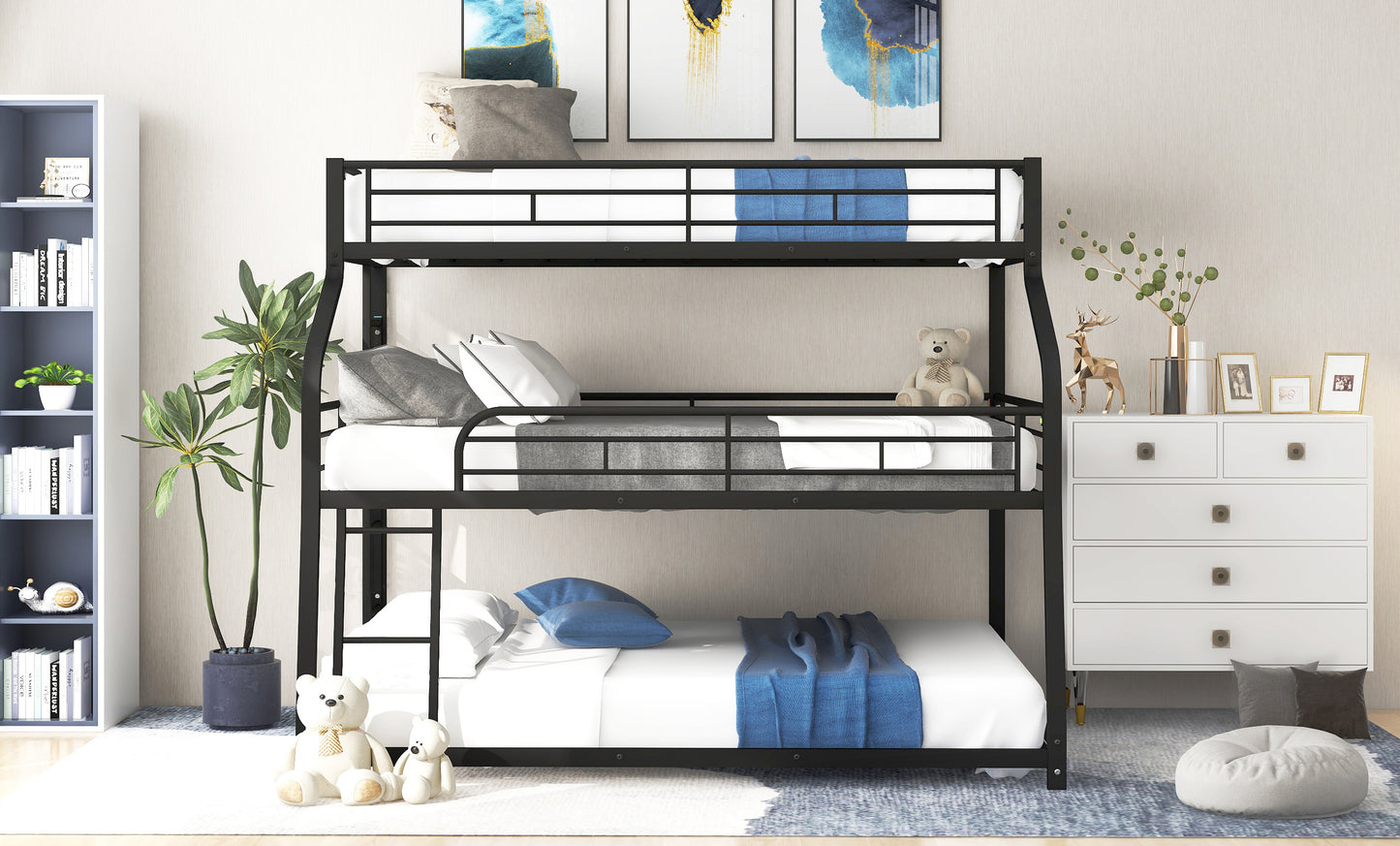 Twin XL/Full XL/Queen Triple Bunk Bed with Long and Short Ladder and Full-Length Guardrails Black