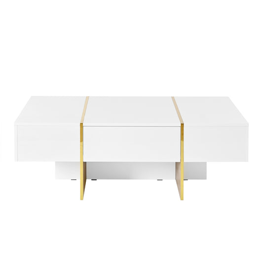 ON-TRANS 47.2 inch x 31.4 inch multifunctional rectangular sofa table with 2 drawers and gold wood grain leg center table, white