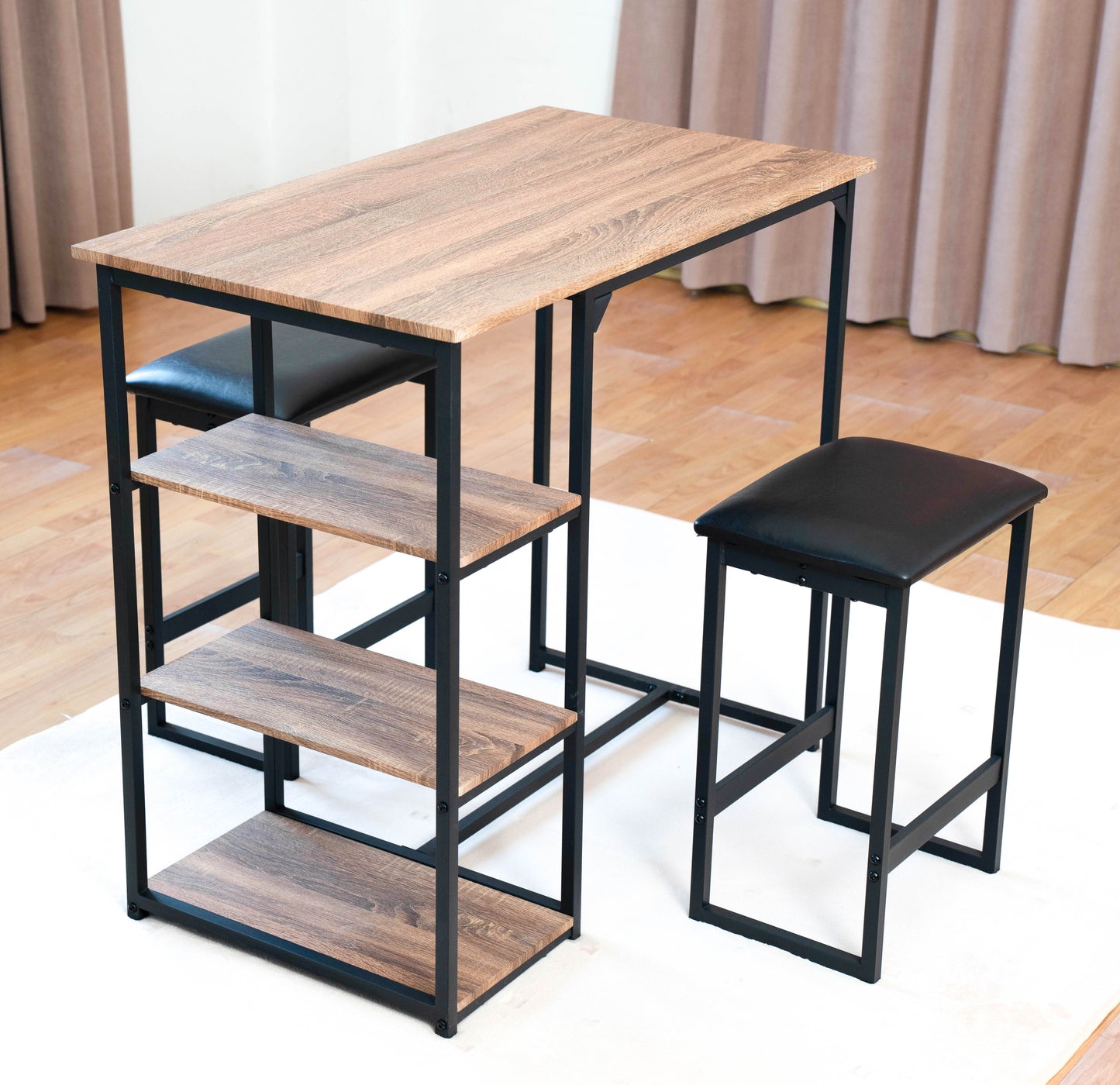 Modern 3-Piece Bar tabies and chairs Set with 2 Chairs for Dining Room Black Frame+Brown oak board surface+Black cushion