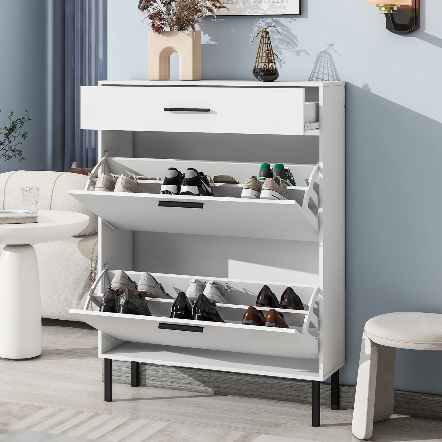 Independent shoe rack storage box with drawers and metal legs, modern shoe cabinet with 2 flippable drawers