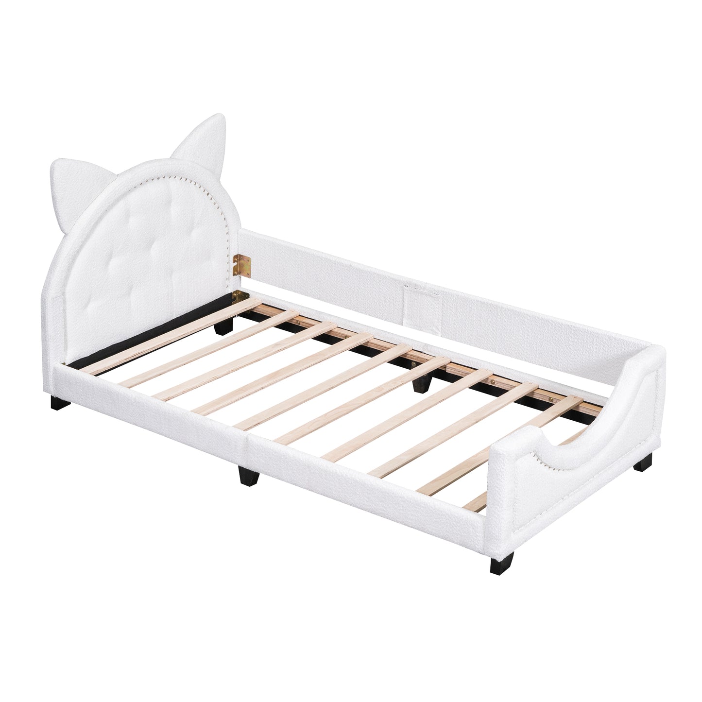 Teddy Fleece Twin Size Upholstered Daybed with Carton Ears Shaped Headboard  White