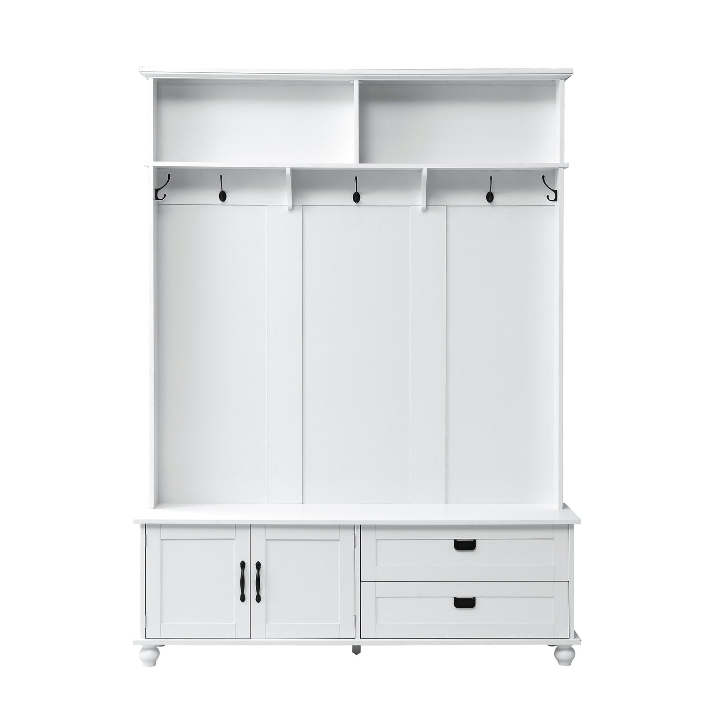 ON-TREND Modern Hall Tree with Storage Cabinet, 2 Large Drawers, and 5 Coat Hooks, White