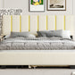 Queen Size Upholstered Platform Bed with 2 Drawers and 1 Trundle, Classic Metal Strip Headboard Design, Beige