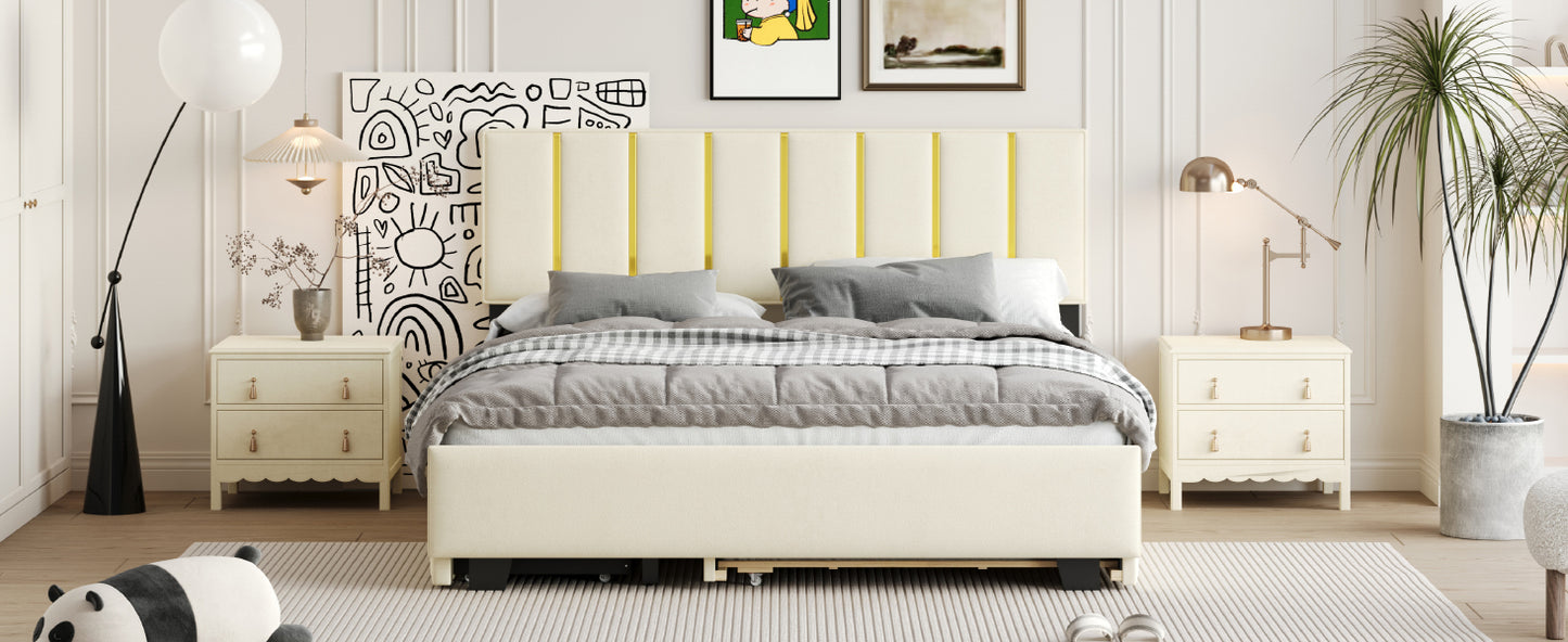 Queen Size Upholstered Platform Bed with 2 Drawers and 1 Trundle, Classic Metal Strip Headboard Design, Beige