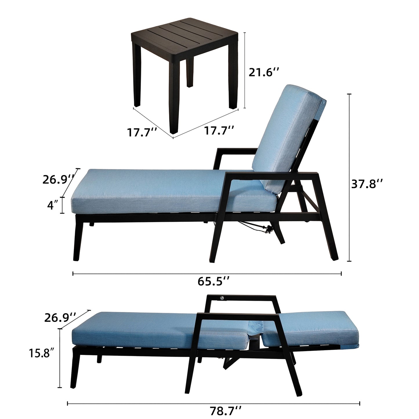 Juego de muebles de patio de aluminio para exteriores de 3 piezas con 2 tumbonas y 1 mesa auxiliar