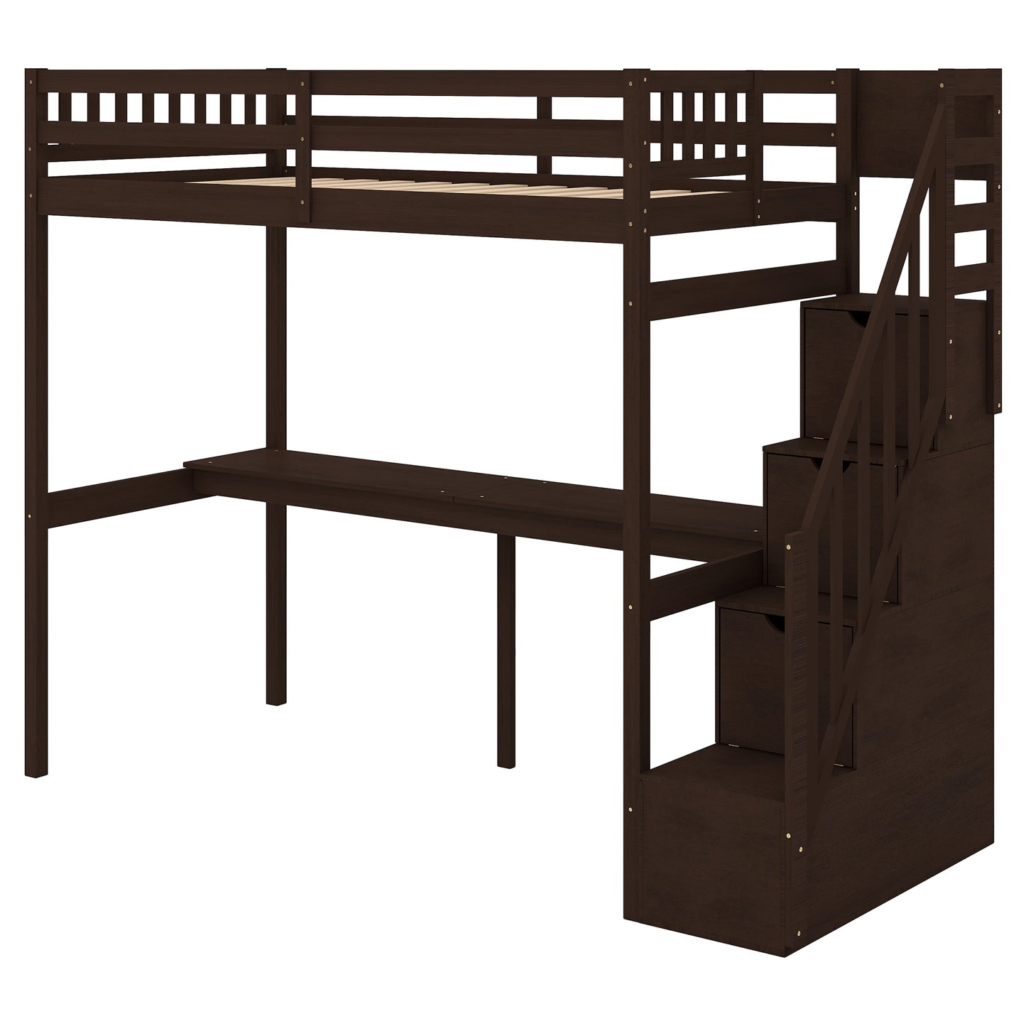 Twin Size Loft Bed with Storage Staircase and Built-in Desk Espresso