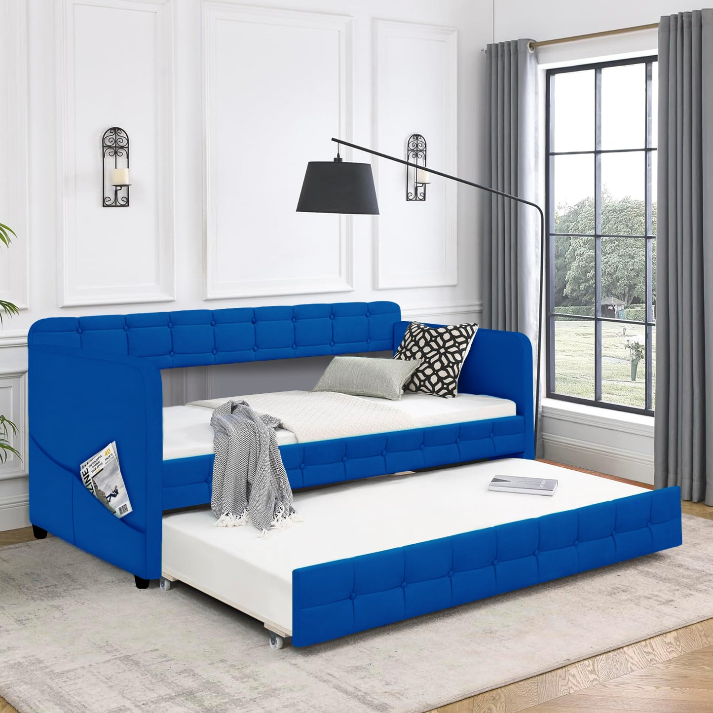 Blue padded twin beds with wheels, velvet fabric, no need for springs