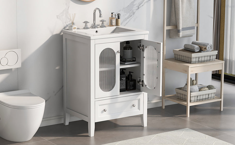 Bathroom Vanity with Sink, Bathroom Vanity Cabinet with One Drawer and Doors, Adjustable Shelf, Solid Wood and MDF, White