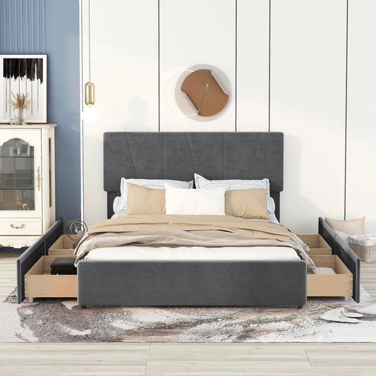 Queen Size Upholstery Platform Bed with Four Drawers on Two Sides  Adjustable Headboard  Grey