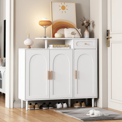 ON-TRANS Elegant Shoe Cabinet with Arched Doors and Drawers, Storage Side Panels, Adjustable Shelves and Solid Wood Legs, White