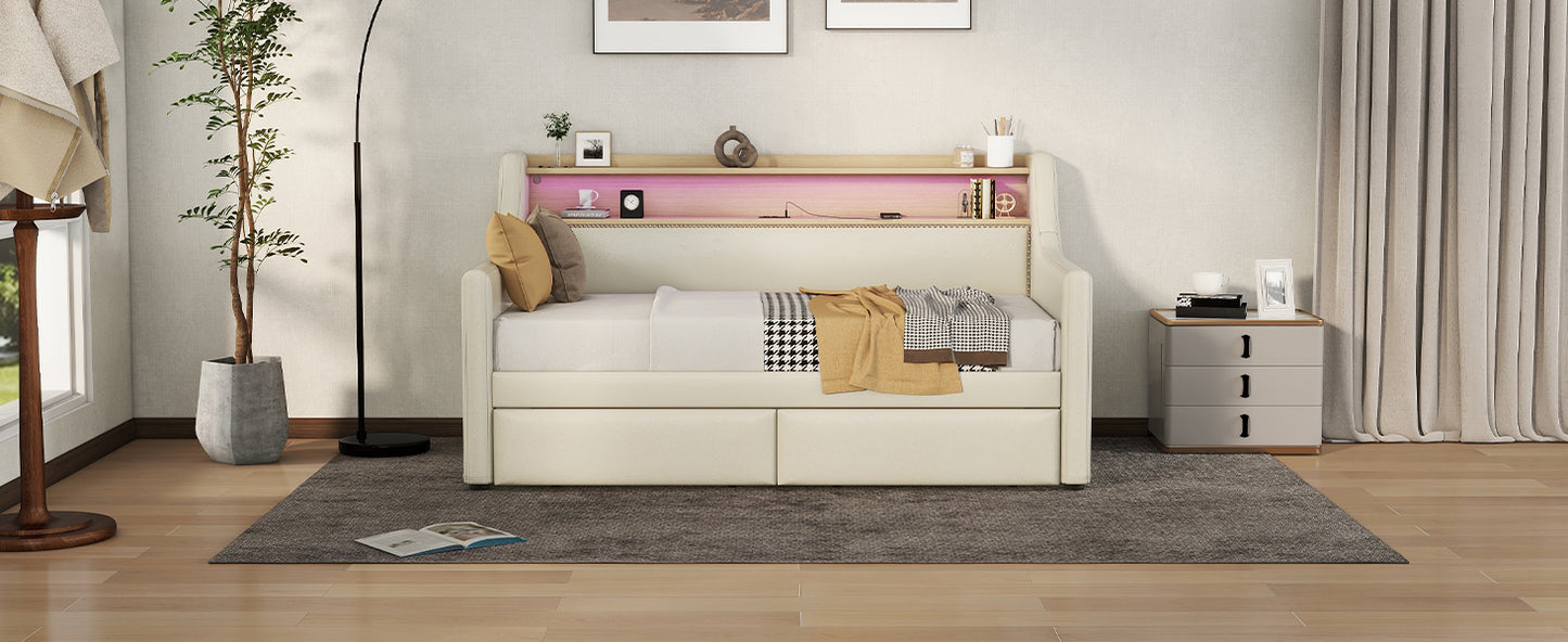 Twin Size Daybed with Storage Drawers, Upholstered Daybed with Charging Station and LED Lights, Beige