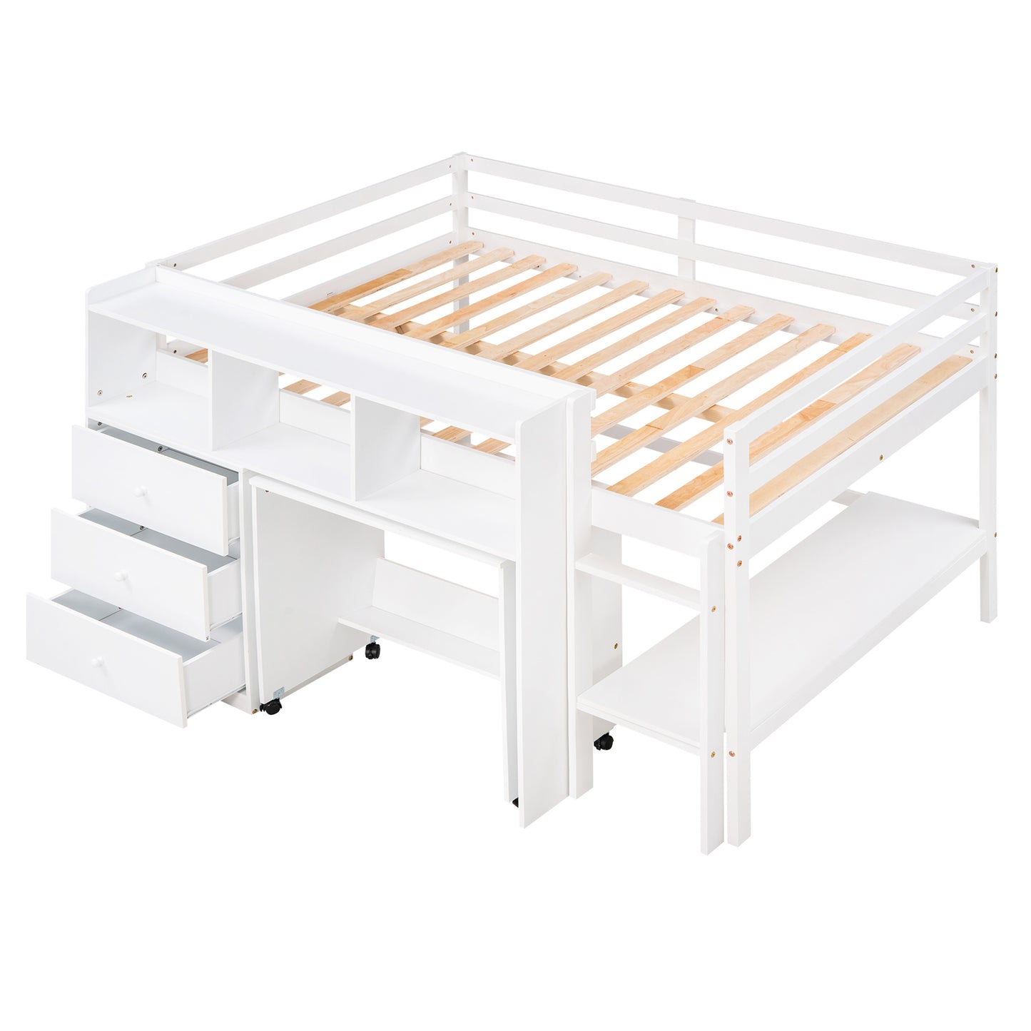 Full Size Low Loft Bed with Rolling Portable Desk, Drawers and Shelves, White