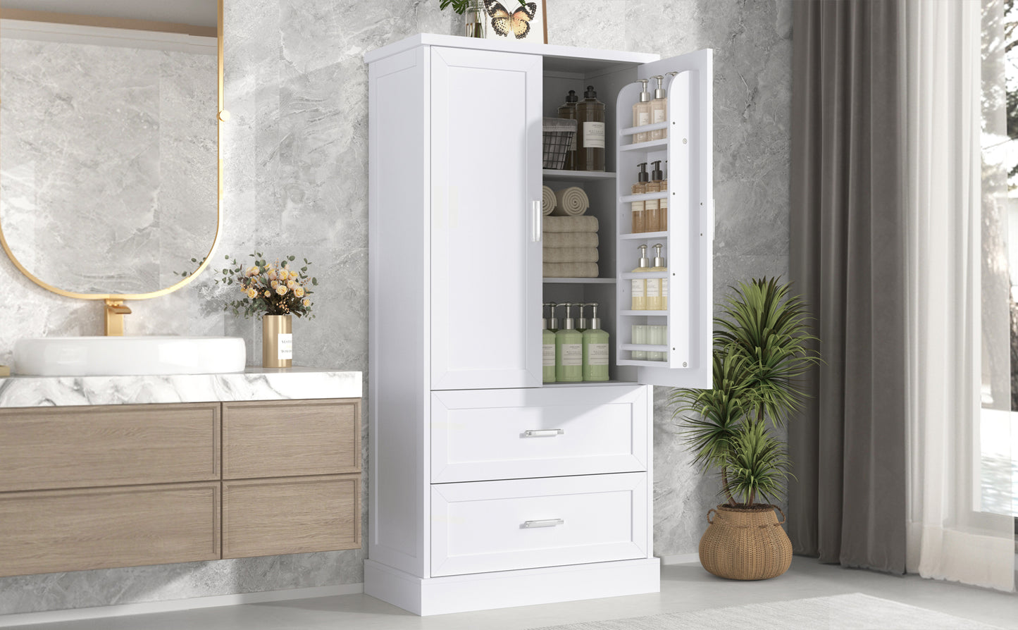 Mueble de baño alto con dos puertas y cajones, estante ajustable, tablero MDF, acabado blanco