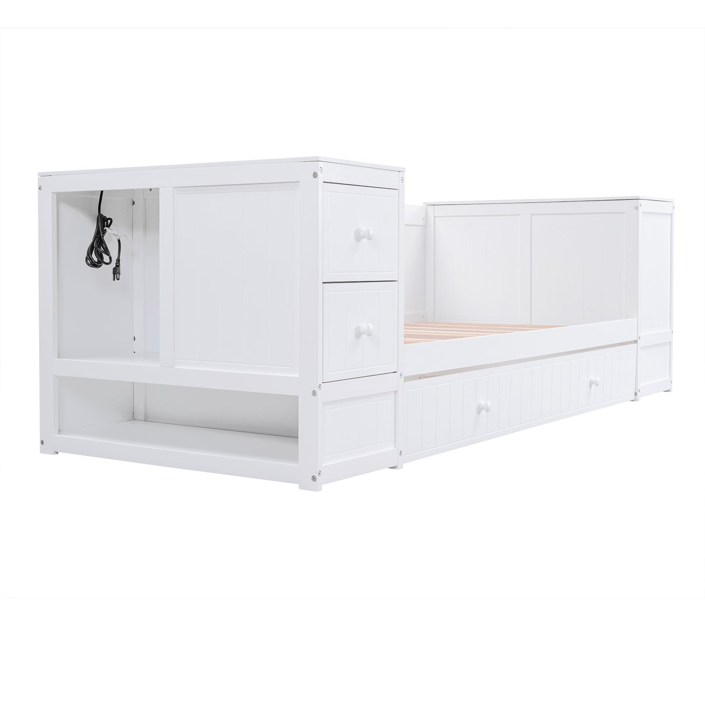 Twin Size Daybed with Storage Arms  Trundle and Charging Station White