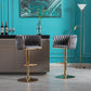 Set of 2 Bar Stools with Chrome Footrest and Swivel Base, Velvet Upholstery and Golden Legs, Grey Finish