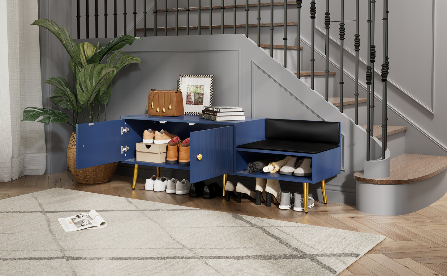 Modern Shoe Storage Bench with Hidden Storage and Upholstered Cushions, Navy Finish