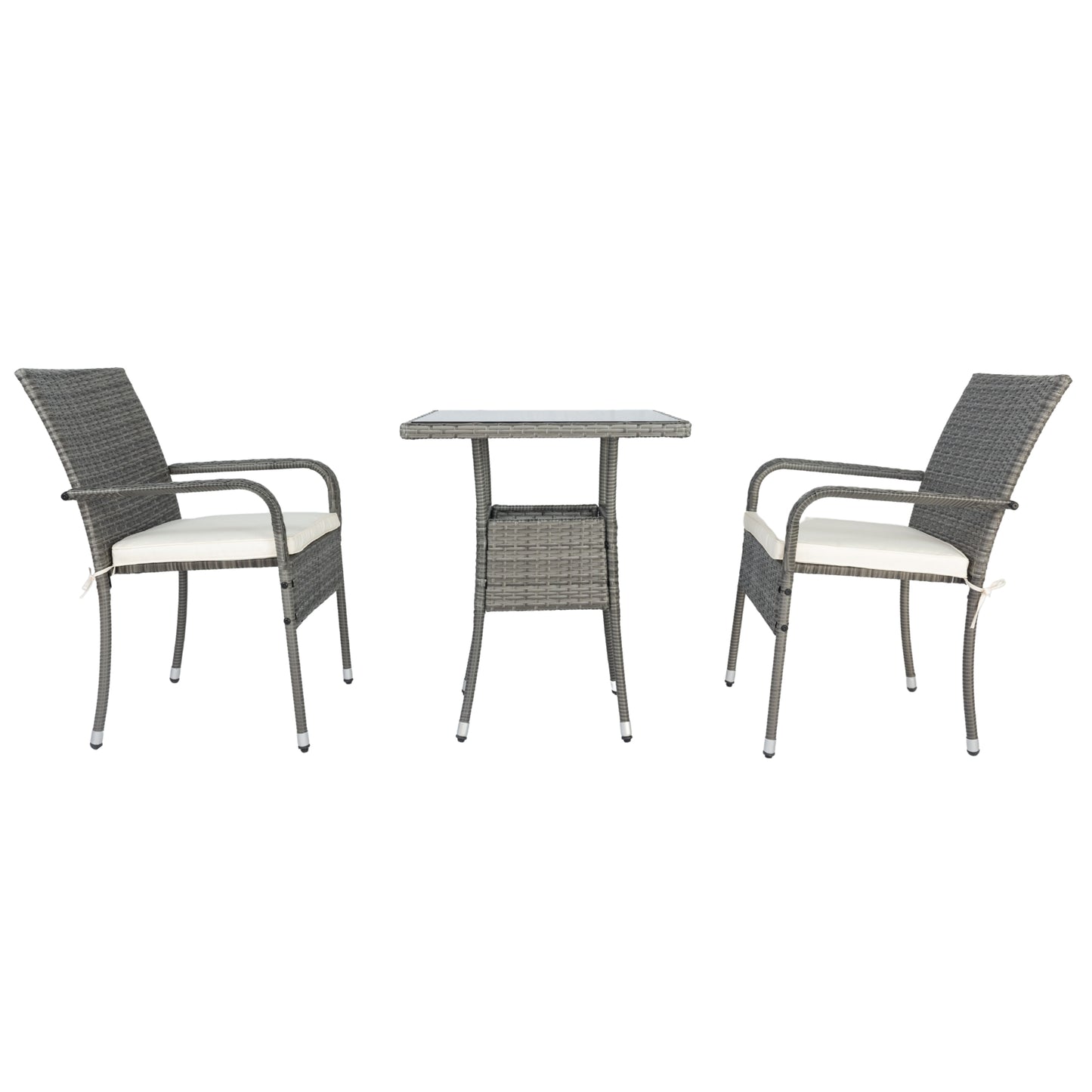 3 Piece Patio Wicker Conversation Set Grey Wicker + white Cushion