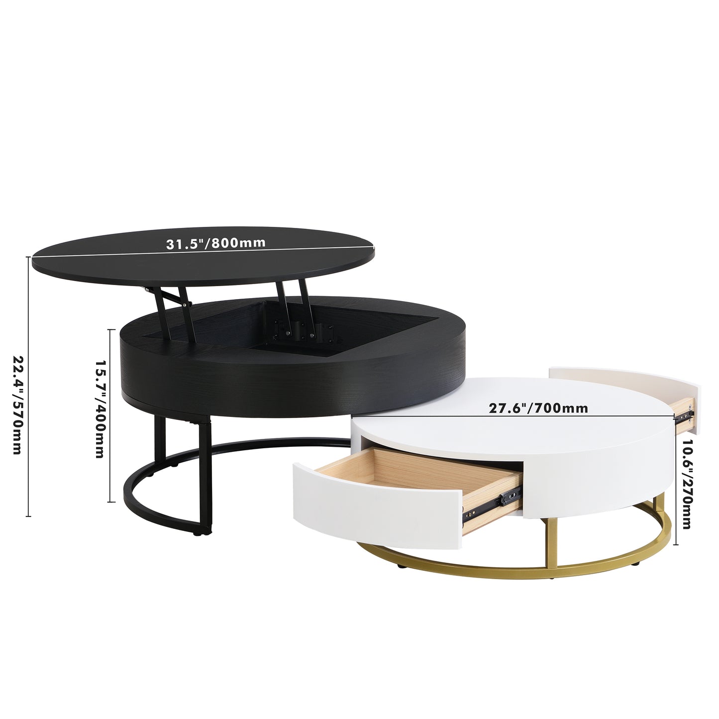 Modern Round Lift-Top Nesting Coffee Tables with 2 Drawers, White and Black Finish