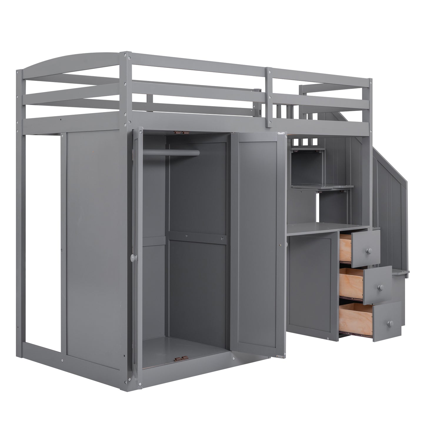 Twin Size Loft Bed with Wardrobe and Staircase  Desk and Storage Drawers and Cabinet in 1 Gray