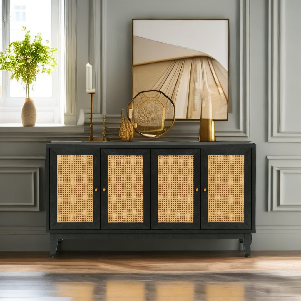 Handcrafted Premium Grain Rattan Sideboard Buffet Cabinet with 4 Rattan Doors, Black Finish