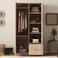 Wooden Wardrobe with Double Doors, Armoire with Hanging Rod, 5 Fixed Shelves, and 1 Drawer, Natural Finish