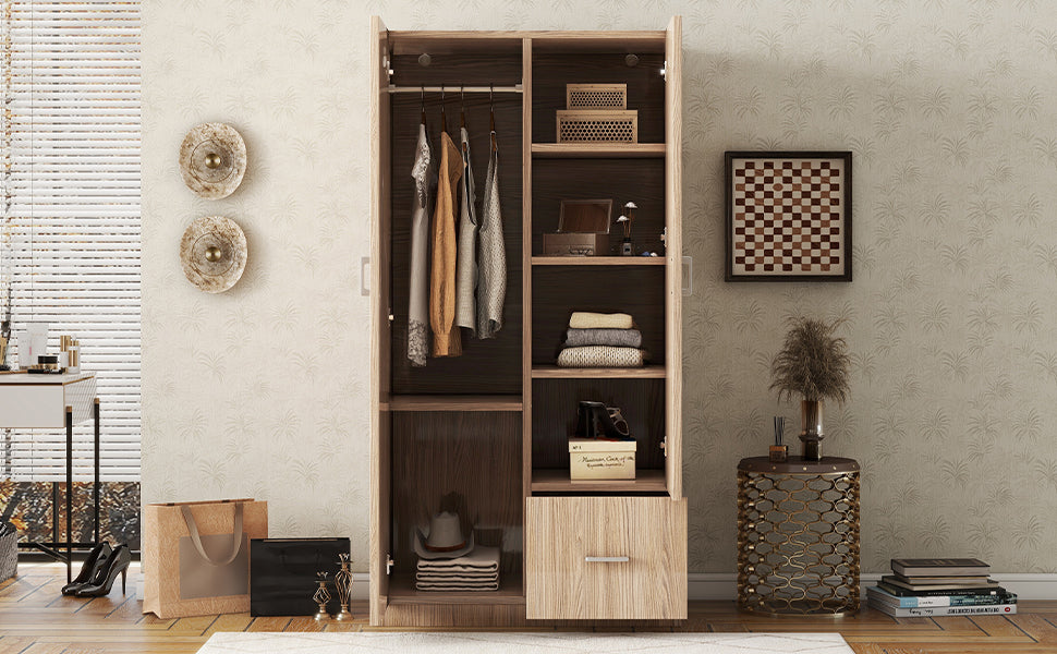 Wooden Wardrobe with Double Doors, Armoire with Hanging Rod, 5 Fixed Shelves, and 1 Drawer, Natural Finish