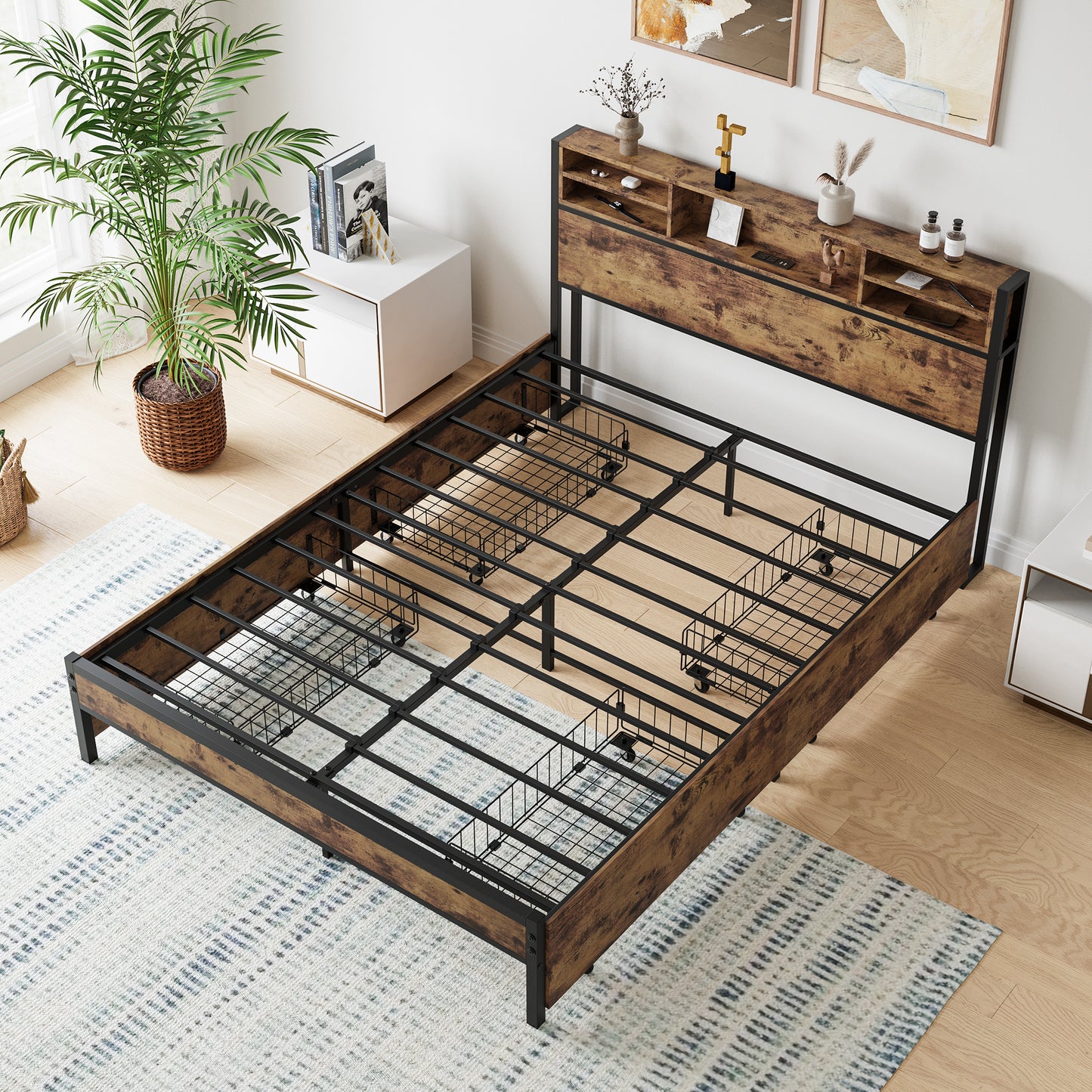 Queen Bed Frame with Storage Headboard and 4 Drawers, Modern Design for Bedrooms