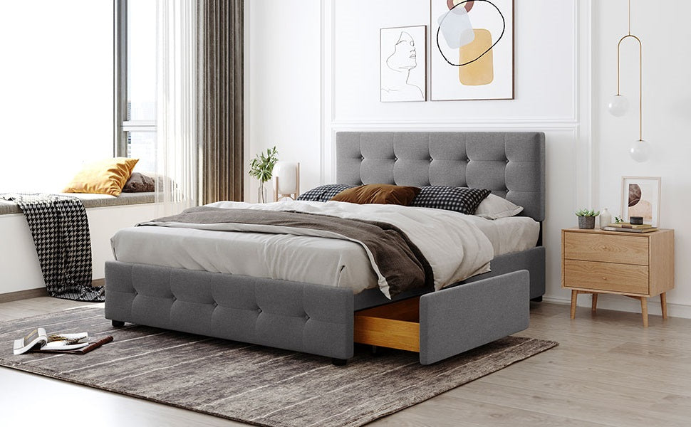 Upholstered Platform Bed with Classic Headboard and 4 Drawers No Box Spring Needed Linen Fabric Queen Size Light Gray