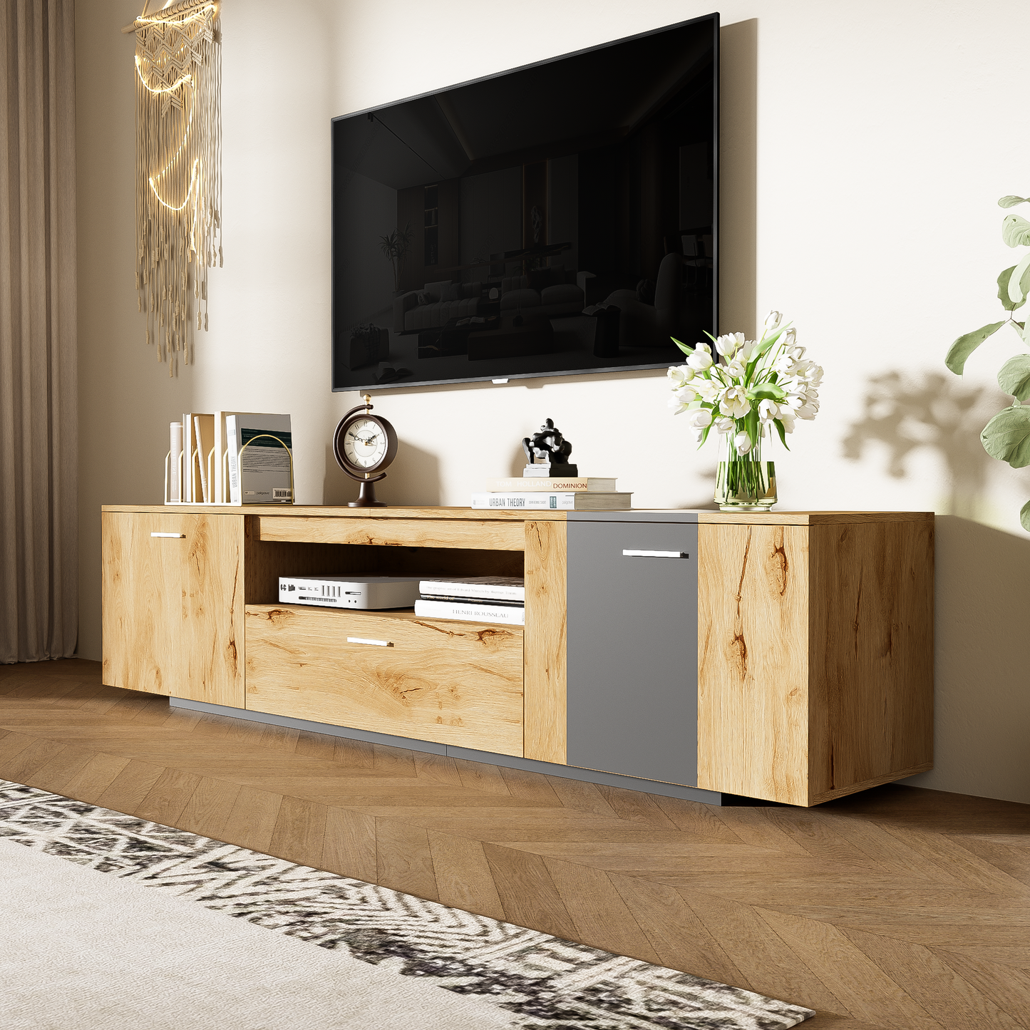 70-Inch Modern TV Stand with 3 Cabinets and Drawers, Entertainment Center for TVs Under 80 Inches