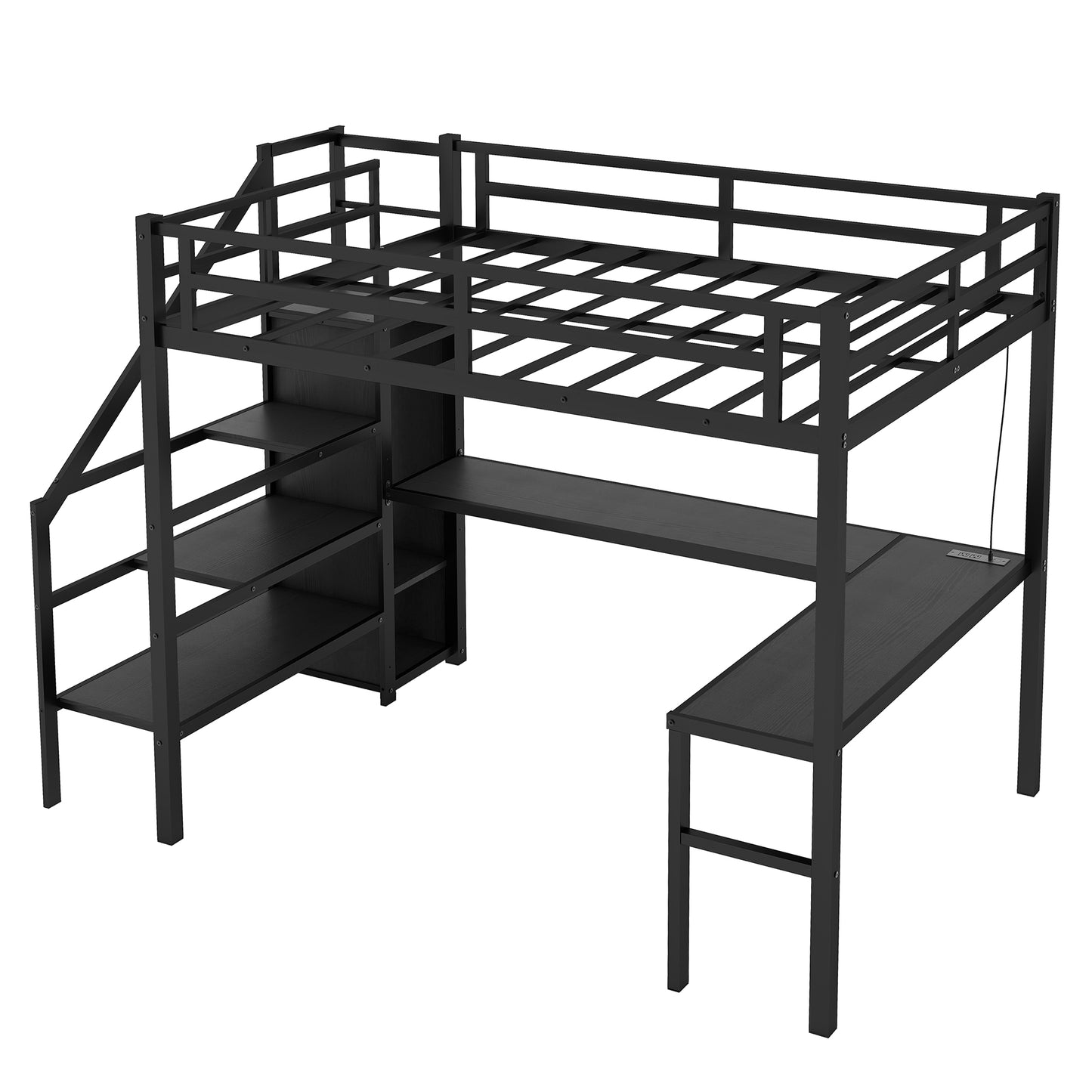 Cama alta de tamaño completo con escritorio en forma de L, puerto USB, armario y estante ajustable, color negro