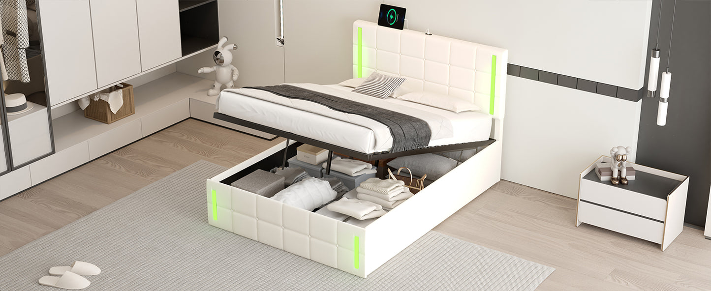 Cama tapizada de tamaño completo con luces LED, sistema de almacenamiento hidráulico y estación de carga USB, acabado blanco